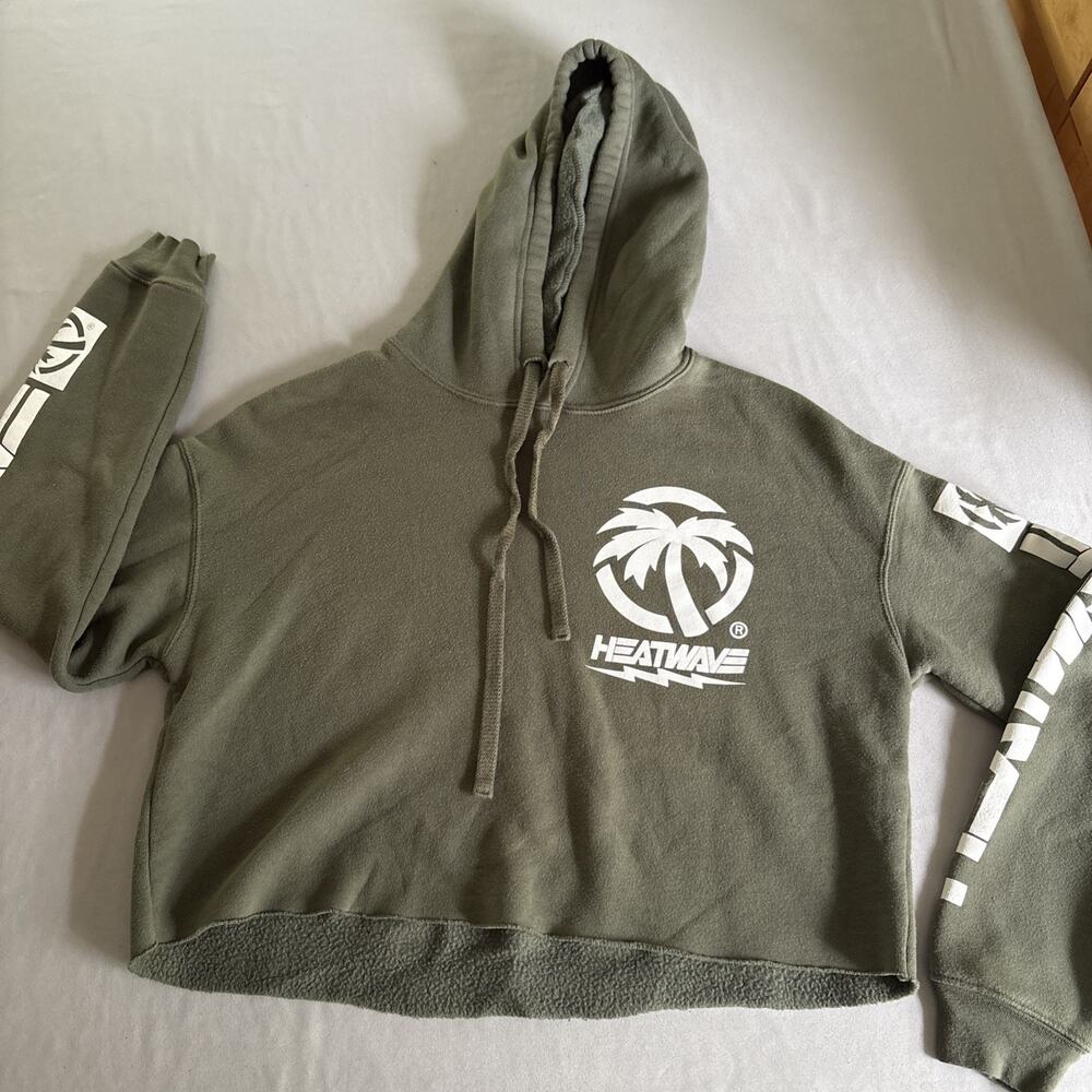 Heat Wave Visual Cropped Hoodie M Medium Green Palm Tree Graphic Raw Hem